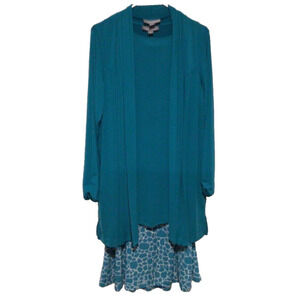 Jessica London 3-Piece Outfit Teal White Cardigan Skirt Top Women’s Size 12